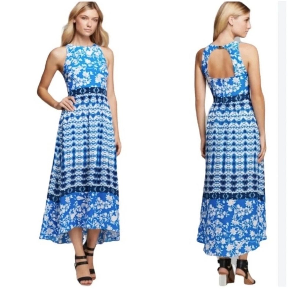 CYNTHIA STEFFE Sydney Dress High Low Hem High Neck Open Back Dress Blue White 2